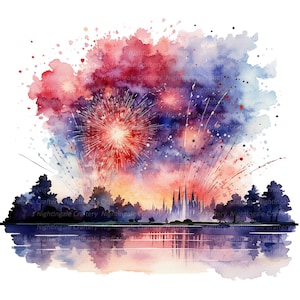 Op de afbeelding: Waterverfschilderij van een vuurwerk boven een landschap. Het kunstwerk toont rode, witte en blauwe explosies, een reflecterende meer en een bos. De stijl is artistiek en levendig.