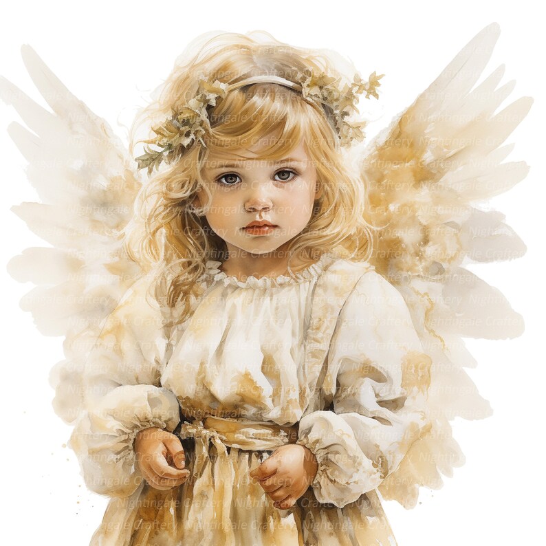 K&ouml;nnte beinhalten: Ein Aquarellbild eines jungen Engels mit blonden Haaren und Fl&uuml;geln. Der Engel tr&auml;gt ein wei&szlig;es Kleid mit einem braunen G&uuml;rtel und einen Kranz aus Bl&auml;ttern auf dem Kopf.