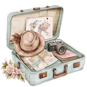 10 imágenes prediseñadas de viaje, maleta, viaje de vacaciones, imágenes prediseñadas de acuarela imprimibles, PNG de alta calidad, descarga digital, manualidades de papel, diarios basura