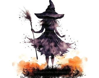 12 Little Witch Clipart, Witch with Broom, Printable Watercolor clipart, High Quality JPG, Digital download, Paper craft, journaling