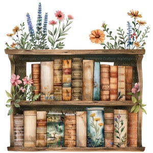 May include: A watercolor illustration of a wooden bookshelf with two shelves filled with vintage books. The bookshelf is decorated with flowers in shades of pink, blue, yellow, and orange.