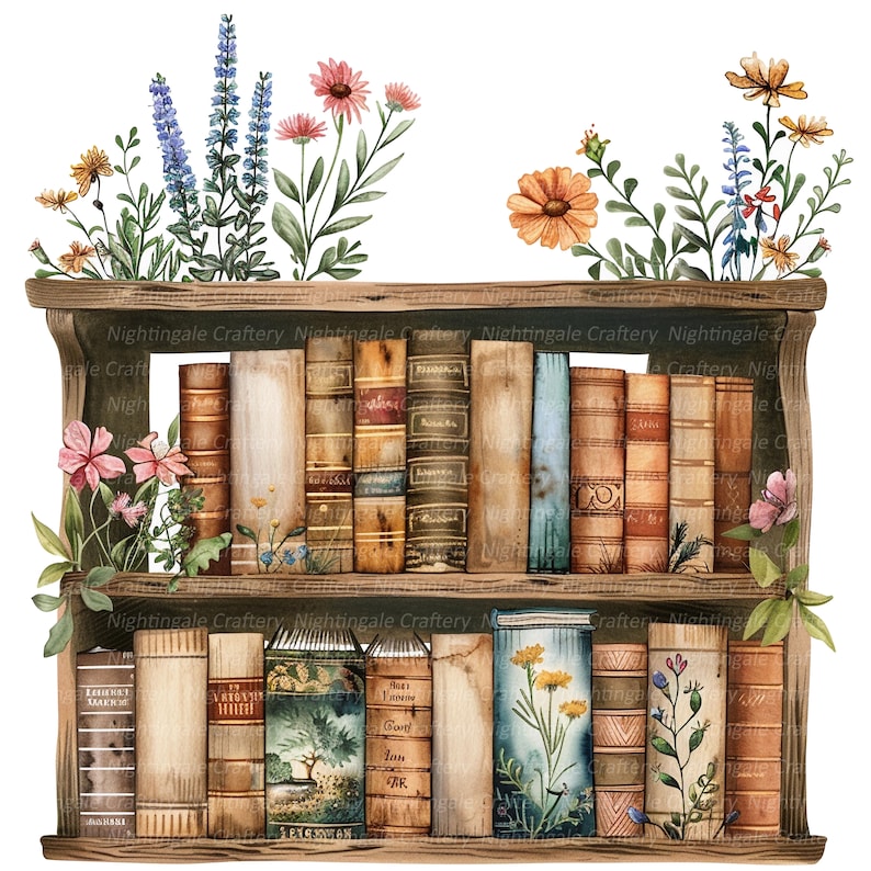 May include: A watercolor illustration of a wooden bookshelf with two shelves filled with vintage books. The bookshelf is decorated with flowers in shades of pink, blue, yellow, and orange.