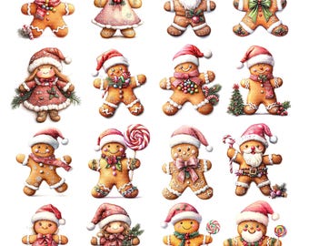20 PNG Gingerbread Man Clipart, Christmas Gingerbread, Printable Watercolor clipart, Digital download, Paper craft, Stickers