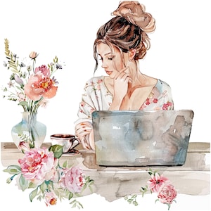 11 Clipart di donna e laptop, donna floreale, clipart acquerello stampabile, PNG/JPG di alta qualità, download digitale, sublimazione, diari spazzatura
