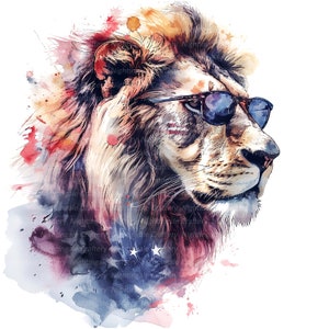 12 León con gafas de sol Clipart, Colores León Patriota, Imágenes Prediseñadas de acuarela imprimible, 14 JPG de alta calidad, Descarga digital, Artesanías de papel