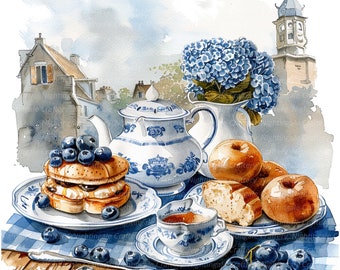 13 cliparts petit-déjeuner vintage, porcelaine de Delft, clipart aquarelle imprimable, fichiers JPG de haute qualité, téléchargement numérique, créations en papier, journaux indésirables