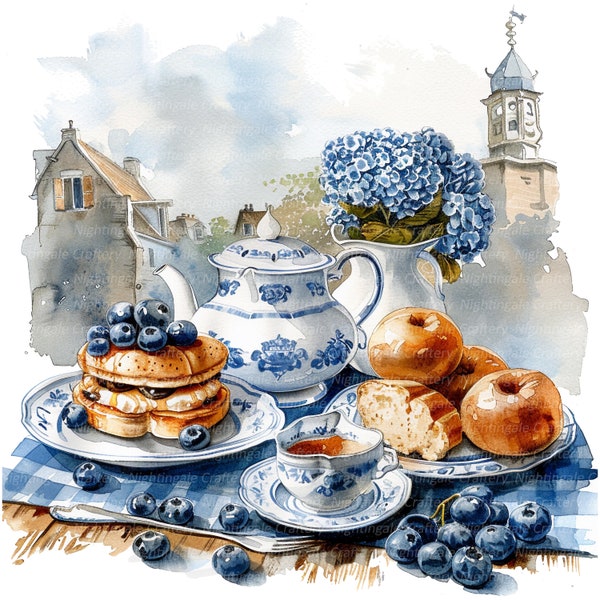 13 cliparts petit-déjeuner vintage, porcelaine de Delft, clipart aquarelle imprimable, fichiers JPG de haute qualité, téléchargement numérique, créations en papier, journaux indésirables