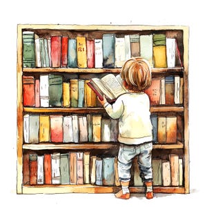 May include: A watercolor illustration of a child reaching up to a bookshelf filled with books. The child is wearing a white sweater and blue jeans. The bookshelf is made of wood and has three shelves. The books are all different colors and sizes.