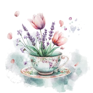 9 Frühlingsteetasse Clipart, Florale Teeparty, druckbare Aquarell Clipart, hochwertige JPGs, digitaler Download, Papiermodell, Junk Journal