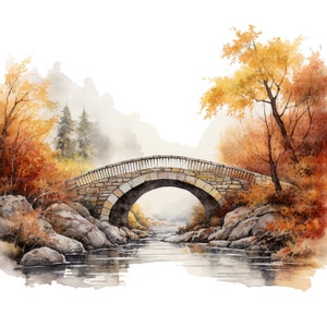 12 Bridge in Autumn Clipart, Bridge over steam, Printable Watercolor clipart, High Quality JPGs, Digital download, Paper craft, junk journal