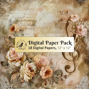 18 Floral Music Notes background papers, 12 x 12 Digital Paper pack, Junk Journal Paper, Scrapbook paper, Printable Paper, High Quality JPGs