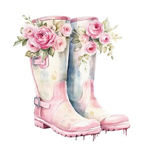12 Clipart de bottes de jardin floral, Shabby Chic, clipart aquarelle imprimable, fichiers JPG de haute qualité, téléchargement numérique, créations en papier, journaux indésirables
