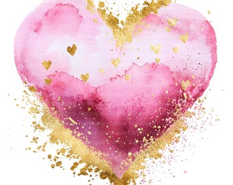 10 Pink Golden Heart Clipart, Valentine's Day Heart, High Quality PNGs, Watercolor clipart, Printable clipart, Digital download, Paper craft