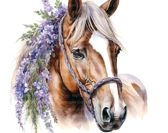 12 Floral Horses Clipart, Lavender Lupine color, Printable Watercolor clipart, High Quality JPG, Digital download, Paper craft, junk journal