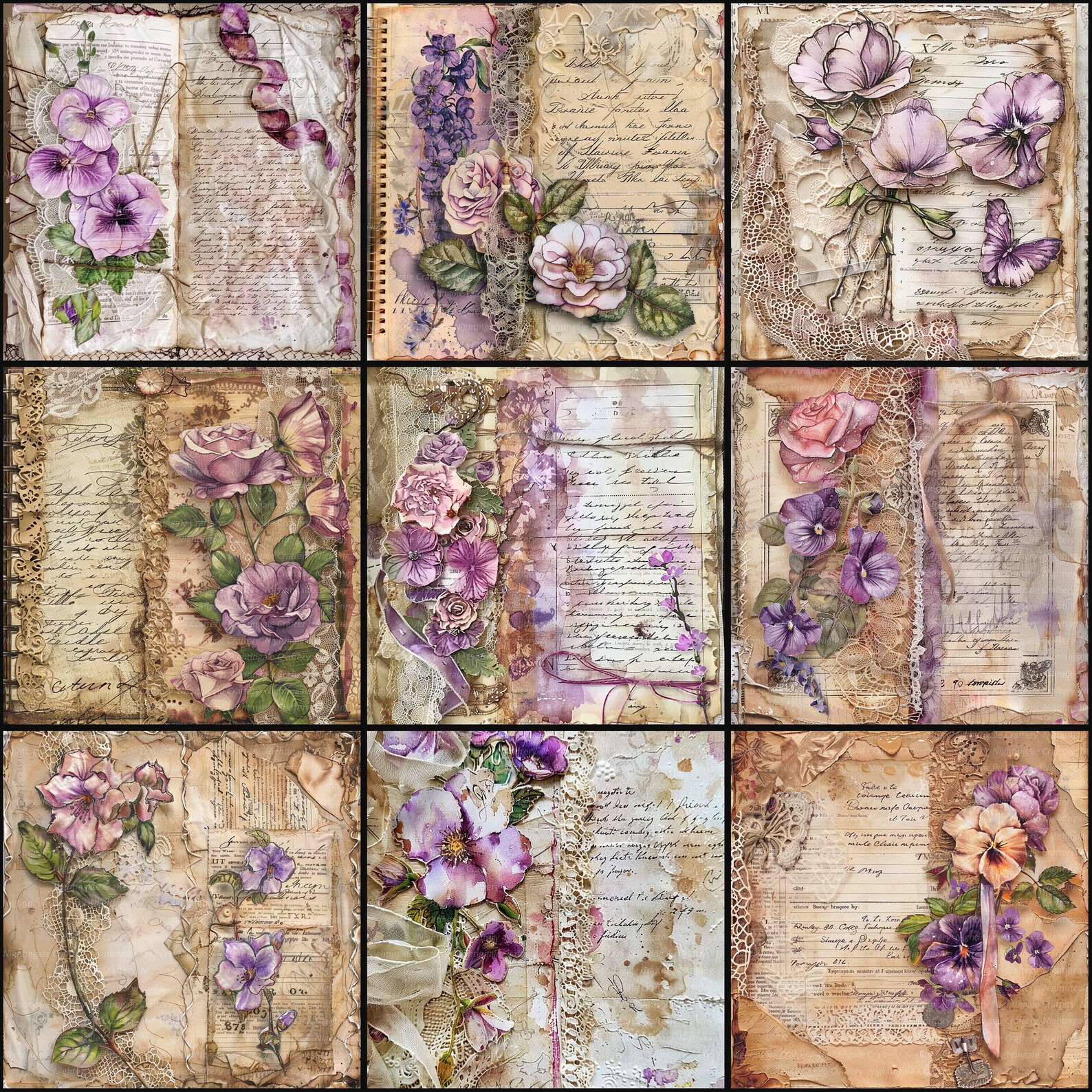 18 Violets and Lace Papers, 12 X 12 Digital Paper Pack, Junk Journal ...