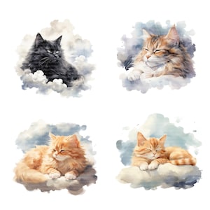 May include: Four watercolor paintings of cats sleeping on clouds. The cats are a black cat, a brown tabby cat, and two orange tabby cats.