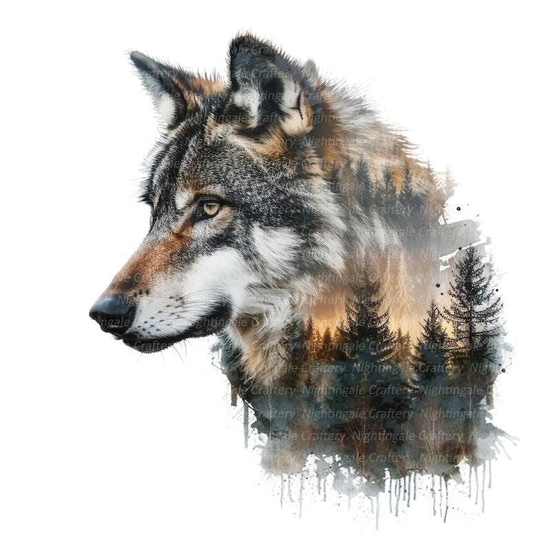 May include: A detailed watercolor illustration of a wolf's head in profile, with a forest scene subtly layered within the fur. The wolf's fur is a mix of gray, brown, and white, with a golden eye. The forest features tall trees and a sunset.