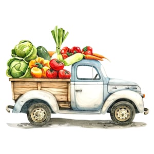 13 Cartoon Car with Vegetables Clipart, Autumn, Printable Watercolor clipart, High Quality JPGs, Digital download, Paper craft, junk journal
