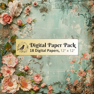 18 papiers d'arrière-plan floraux vintage, paquet de papier numérique 12 x 12, papier journal indésirable, papier de scrapbooking, papier imprimable, JPG de haute qualité