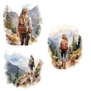 14 Woman Hiking Clipart, Mountain Hiking, Printable Watercolor Clipart ...