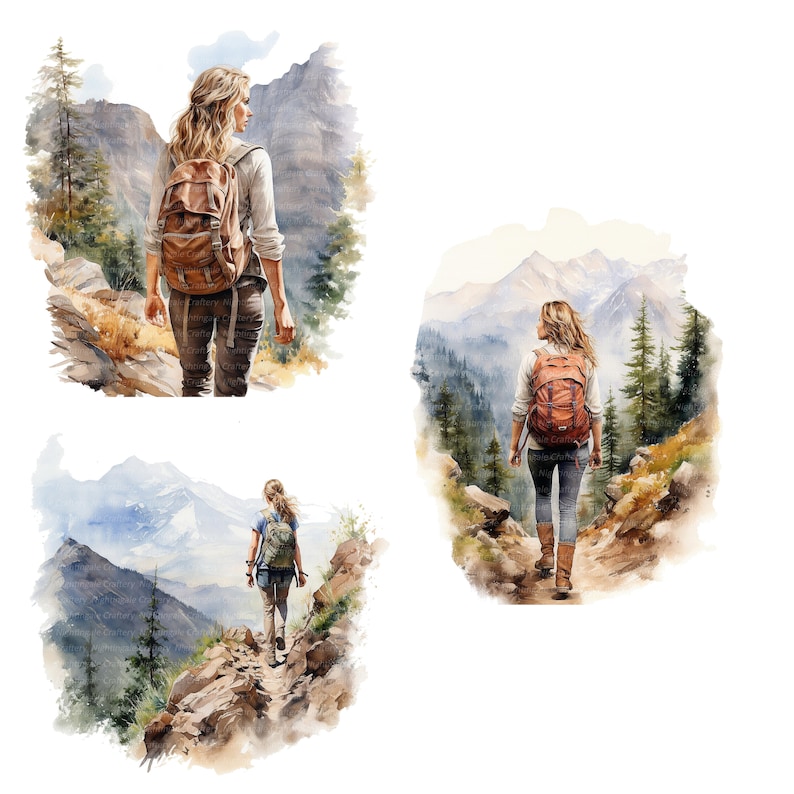May include: Three women hiking in a mountainous landscape. Each woman is wearing a backpack and hiking boots. The mountains are covered in trees and snow. The sky is blue and cloudy.