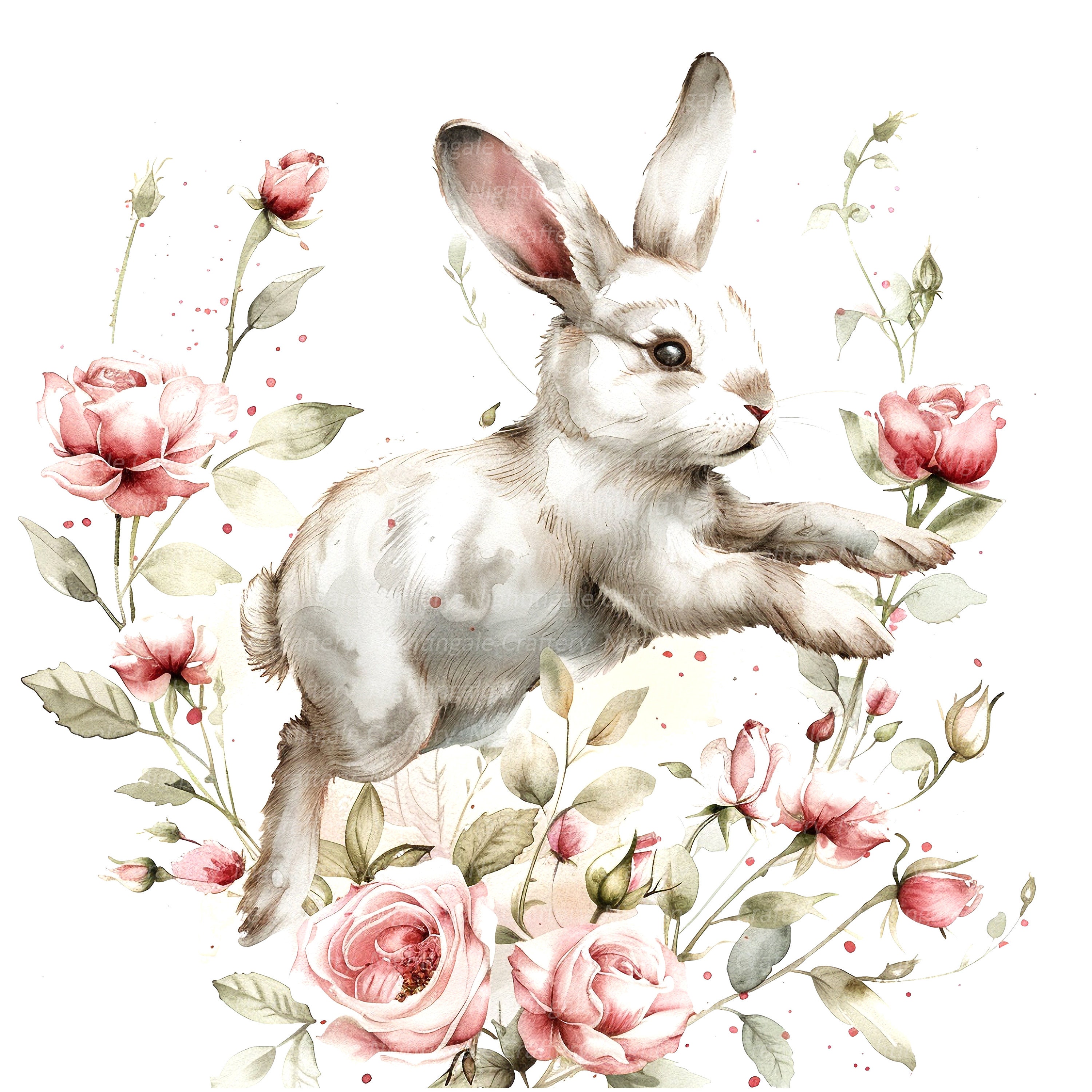 12 Floral Bunny Clipart, Roses Clipart, Printable Watercolor Clipart ...