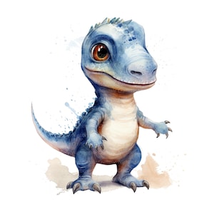 K&ouml;nnte beinhalten: Ein Aquarellbild eines blauen und braunen Baby-Dinosauriers mit freundlichem Gesichtsausdruck. Der Dinosaurier steht auf einem hellbraunen Hintergrund mit Aquarellspritzer.