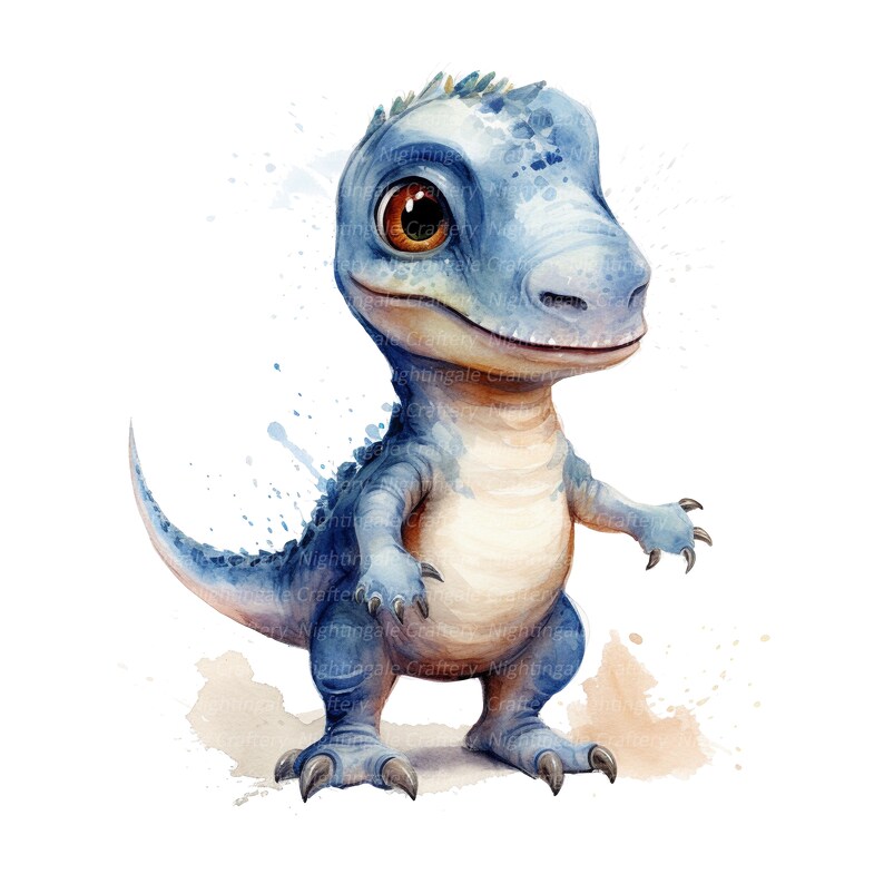 K&ouml;nnte beinhalten: Ein Aquarellbild eines blauen und braunen Baby-Dinosauriers mit freundlichem Gesichtsausdruck. Der Dinosaurier steht auf einem hellbraunen Hintergrund mit Aquarellspritzer.