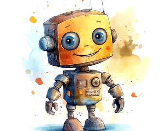 14 Cute Little Robots Clipart, Cartoon Robot, Printable Watercolor clipart, High Quality JPGs, Digital download, Paper crafts, junk journals