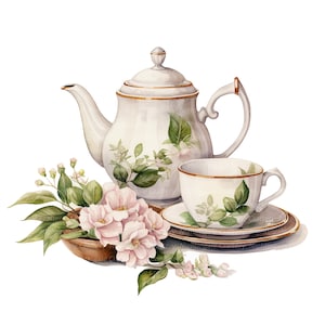 10 Clipart di set da tè vintage, set da tè floreale, clipart acquerello stampabili, PNG di alta qualità, download digitale, carta artigianale, diari spazzatura