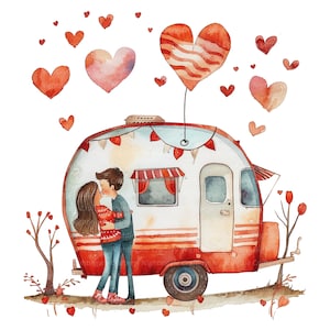 10 Imágenes prediseñadas de pareja romántica, Amantes, Tráiler, Caravana, Imágenes prediseñadas de acuarela imprimibles, JPG de alta calidad, Descarga digital, Artesanía en papel, diario