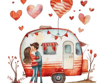 10 Romantic Couple Clipart, Lovers, Trailer, Caravan, Printable Watercolor clipart, High Quality JPG, Digital download, Paper craft, journal