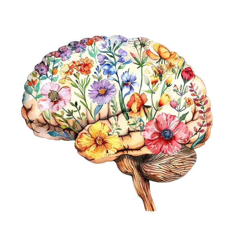 10 Floral Human Brain Clipart, Anatomical Brain, Printable Watercolor ...