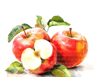 May include: Watercolor painting of three red apples, one of which is cut in half, with green leaves. The apples are on a white background.