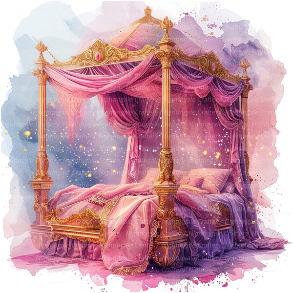 8 Magic Princess Bed Clipart, Pink Bedroom, Printable Watercolor clipart, High Quality JPGs, Digital download, Paper craft, Junk Journals