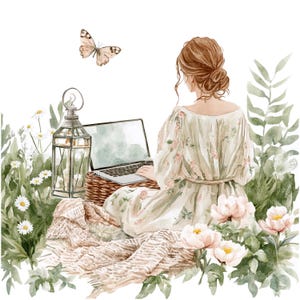 10 Clipart femme et ordinateur portable 2, femme florale, clipart aquarelle imprimable, fichiers JPG de haute qualité, téléchargement numérique, sublimation, journaux indésirables