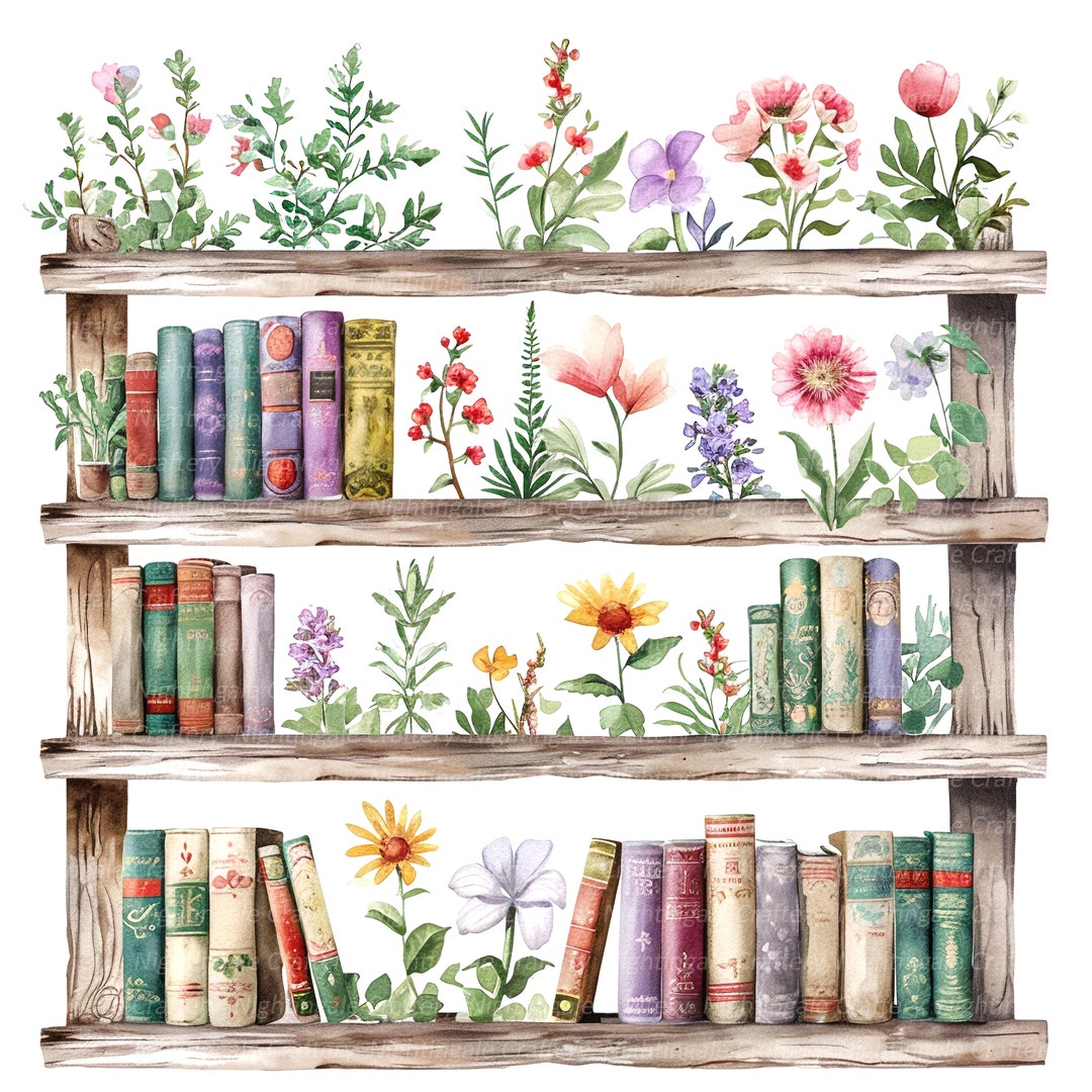 14 Floral Bookshelf Clipart, Floral Book Shelf, Printable Watercolor