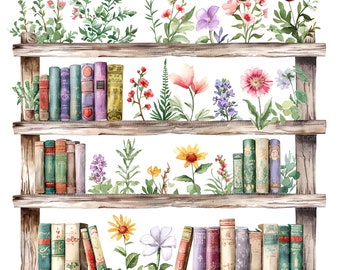 14 Floral Bookshelf Clipart, Floral Book Shelf, Printable Watercolor clipart, High Quality JPGs, Digital download, Paper craft, junk journal