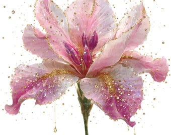 May include: A digitally created image of a large, stylized flower with pink and white petals. The flower is adorned with gold glitter and droplets, set against a white background. The flower's stem is green.