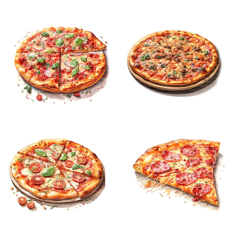 May include: Four different pizzas with various toppings, including pepperoni, sausage, and vegetables. The pizzas are on a white background.