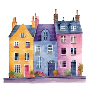 10 Street clipart, paarse huizen tekening, afdrukbare aquarel clipart, hoge kwaliteit JPG/PNG's, digitale download, Paper Craft, junk journal
