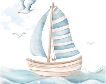 7 Cartoon Ship Clipart, Nursery Sailboat Clipart, Printable Watercolor clipart, High Quality PNGs, Digital download, Paper craft, journaling