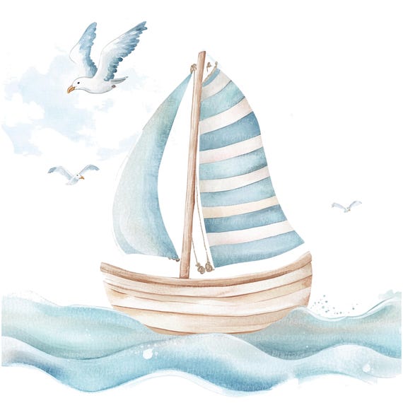 7 Cartoon Ship Clipart, Nursery Sailboat Clipart, Printable Watercolor clipart, High Quality PNGs, Digital download, Paper craft, journaling