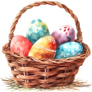 14 Imágenes prediseñadas de cesta de huevos de Pascua, cesta de Pascua, imágenes prediseñadas de acuarela imprimibles, JPG de alta calidad, descarga digital, artesanía de papel, diarios basura