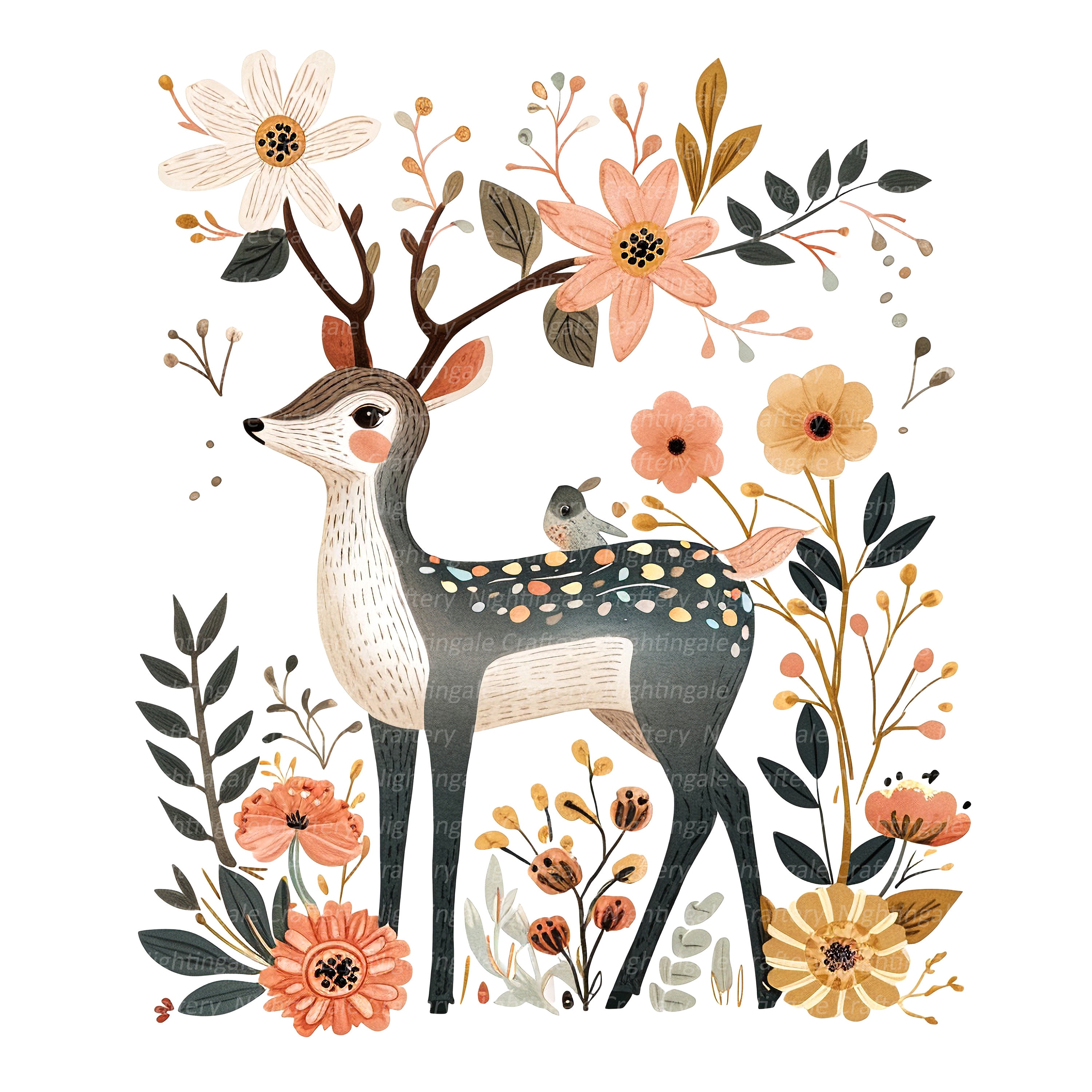 11 Floral Deer Cartoon Clipart, Cartoon Deer, Printable Watercolor ...