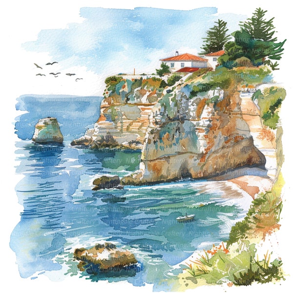 10 cliparts paysage Portugal, côte du Portugal, clipart aquarelle imprimable, fichiers JPG de haute qualité, téléchargement numérique, créations en papier, journaux indésirables