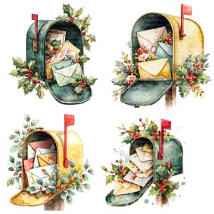 May include: Watercolour illustrations of vintage mailboxes in green and yellow, filled with envelopes. Each mailbox is decorated with holly and red berries, and a red flag. The open mailboxes are set against a white background.