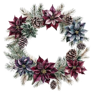 9 Poinsettia Christmas Wreath Clipart, Card making, Watercolor clipart, High Quality JPGs, Printable clipart, Digital download, Paper craft