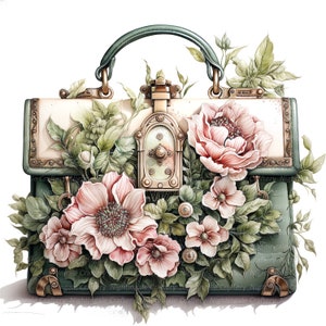 May include: A vintage-style green handbag with ornate gold hardware and a floral design. The bag is decorated with pink flowers and green leaves.