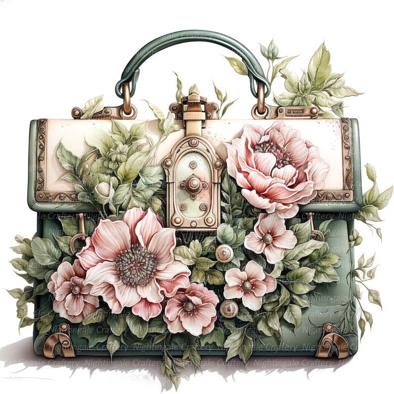 May include: A vintage-style green handbag with ornate gold hardware and a floral design. The bag is decorated with pink flowers and green leaves.